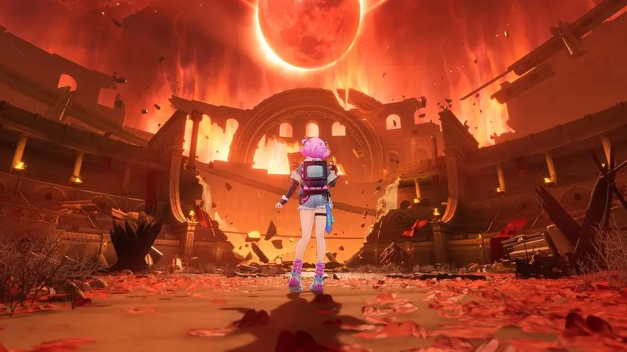 An Appraiser with a CRT-television head stands in a collapsing red arena beneath an eclipsed sun
